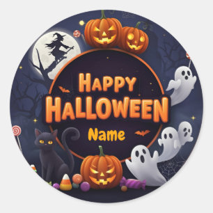 Customize Name Happy Halloween  Classic Round Sticker