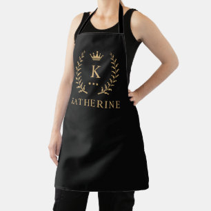 Customize Name & Initial Black White Gold Monogram Apron