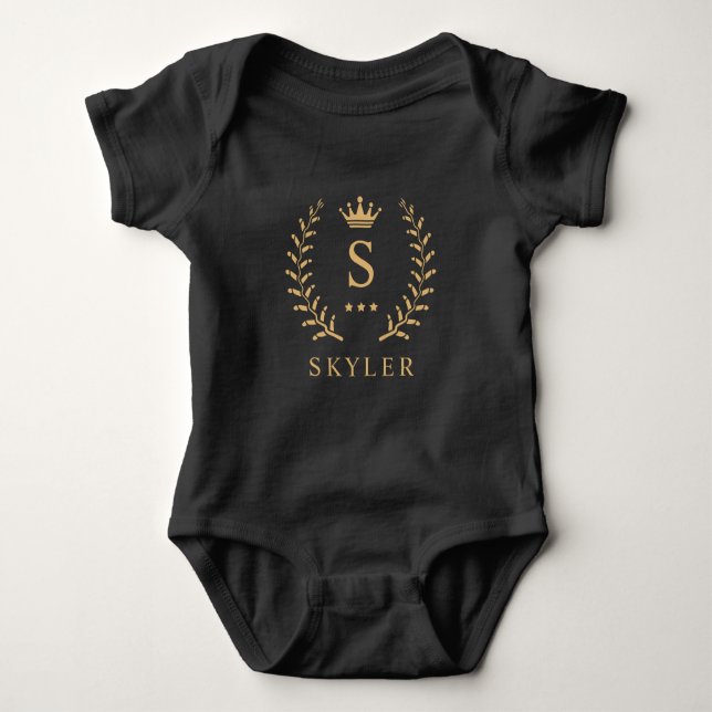 Customize Name & Initial Black White Gold Monogram Baby Bodysuit (Front)