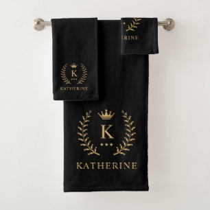 Customize Name & Initial Black White Gold Monogram Bath Towel Set
