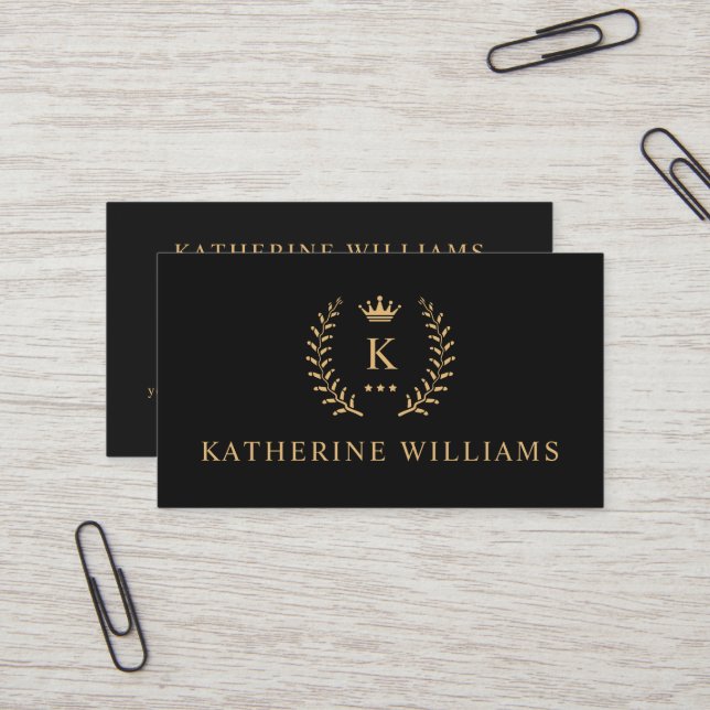 Customize Name & Initial Black White Gold Monogram Business Card (Front/Back In Situ)