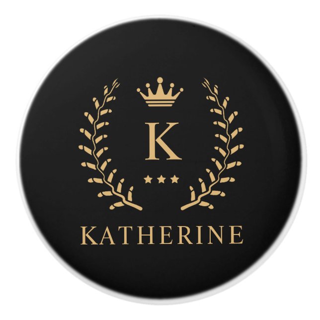 Customize Name & Initial Black White Gold Monogram Ceramic Knob (Front)