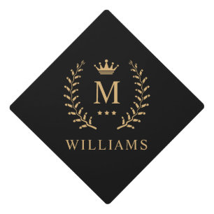 Customize Name & Initial Black White Gold Monogram Graduation Cap Topper