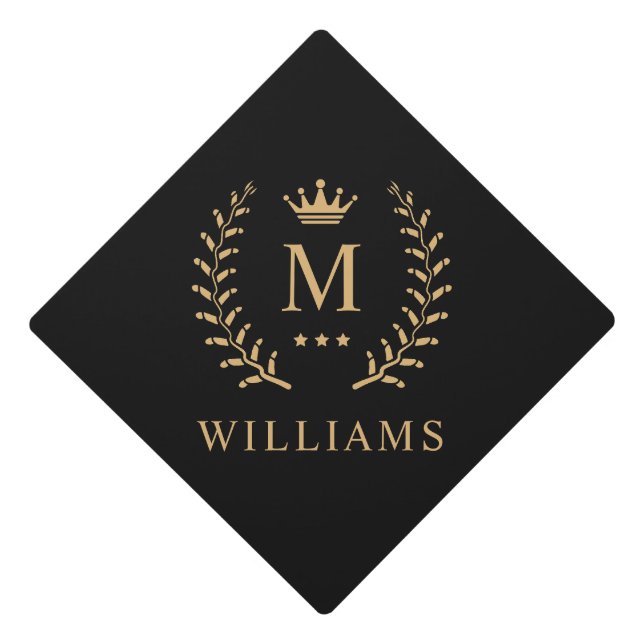 Customize Name & Initial Black White Gold Monogram Graduation Cap Topper (Front)