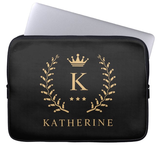 Customize Name & Initial Black White Gold Monogram Laptop Sleeve (Front)