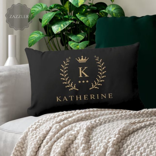 Customize Name & Initial Black White Gold Monogram Lumbar Pillow (Customize Name & Initial Black White Gold Monogram Lumbar Pillow)