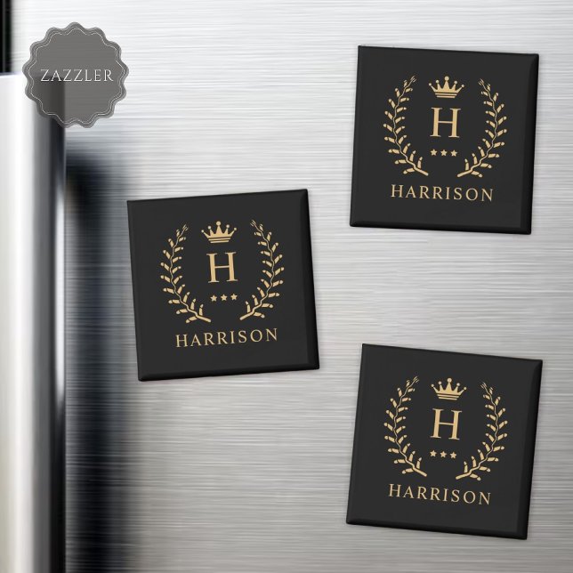 Customize Name & Initial Black White Gold Monogram Magnet (Customize Name & Initial Black White Gold Monogram Magnet)
