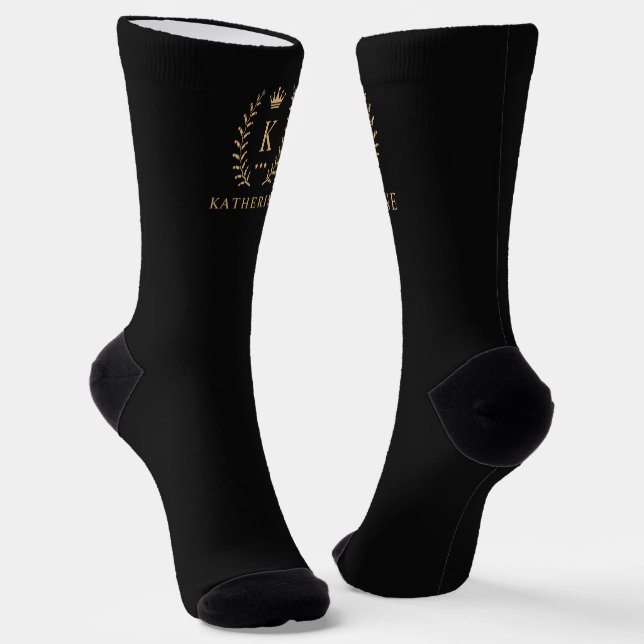 Customize Name & Initial Black White Gold Monogram Socks (Angled)