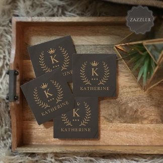 Customize Name & Initial Black White Gold Monogram Stone Coaster