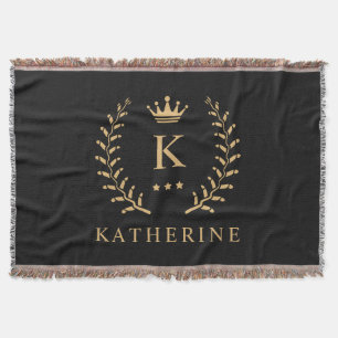 Customize Name & Initial Black White Gold Monogram Throw Blanket