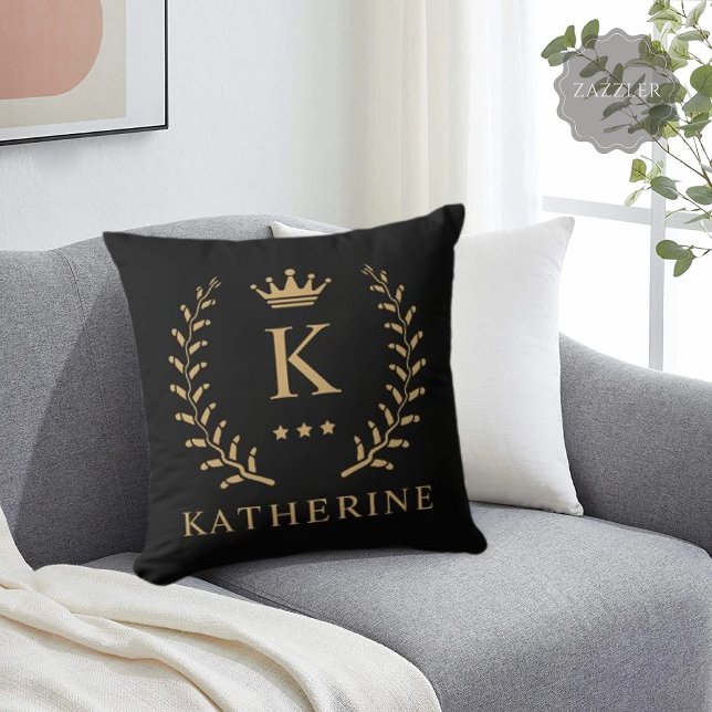 Customize Name & Initial Black White Gold Monogram Throw Pillow (Customize Name & Initial Black White Gold Monogram Throw Pillow)