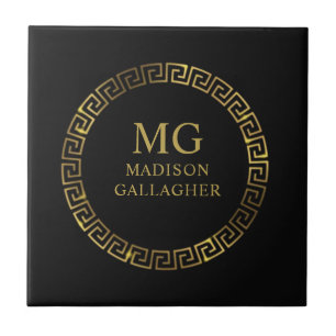 Customize Name & Initial Black White Gold Monogram Tile