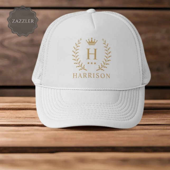 Customize Name & Initial Black White Gold Monogram Trucker Hat (Customize Name & Initial Black White Gold Monogram Trucker Hat)