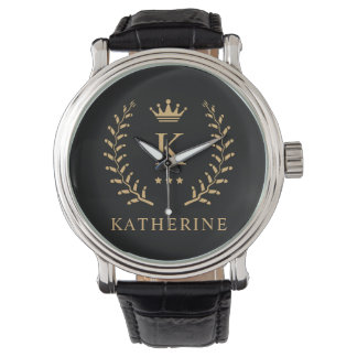 Customize Name & Initial Black White Gold Monogram Watch
