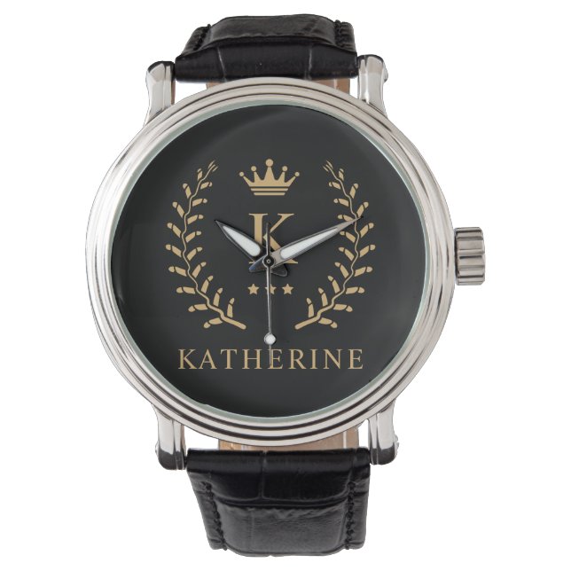 Customize Name & Initial Black White Gold Monogram Watch (Front)