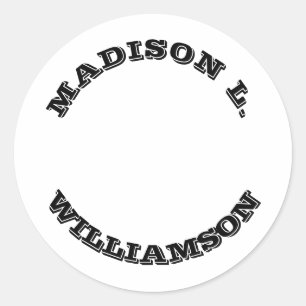 Customize Name last curved letters Black white Classic Round Sticker