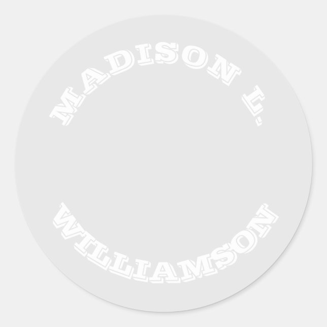 Customize Name last name curved letters grey white Classic Round Sticker (Front)