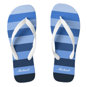 Customize Name Monochrome Blue Stripes Pattern Flip Flops
