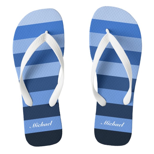 Customize Name Monochrome Blue Stripes Pattern Flip Flops (Footbed)