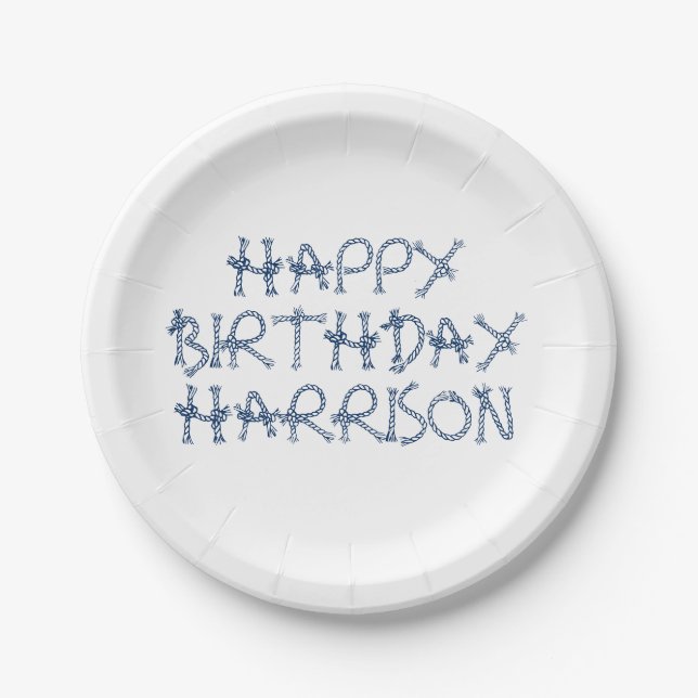Customize name nautical rope knots Birthday  Paper Plate (Front)