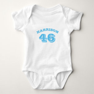 Customize name, number light blue white baby bodysuit