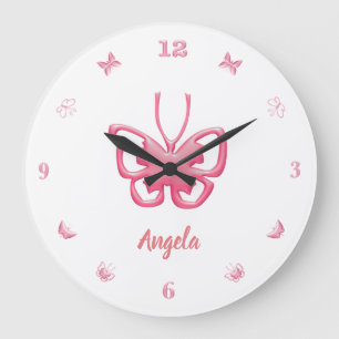 Customize Name Pink Butterflies Girls Large Clock