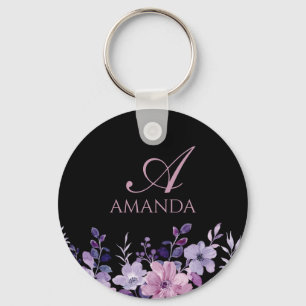 Customize Name Purple Flower Black Keychain