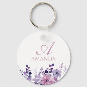 Customize Name Purple Flower White Keychain