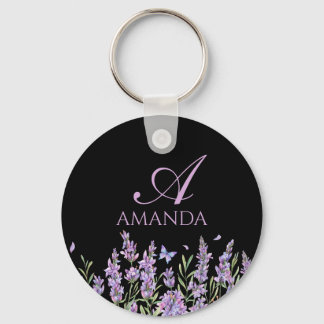 Customize Name Purple Lavender Flower Black Keychain
