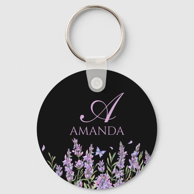 Customize Name Purple Lavender Flower Black Keychain (Front)