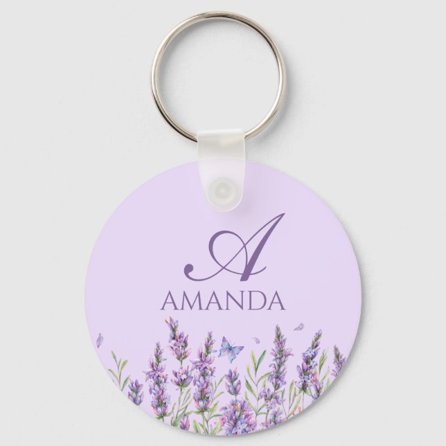 Customize Name Purple Lavender Flower Keychain (Front)