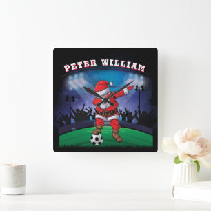 Customize Name Santa Christmas Soccer Square Wall Clock