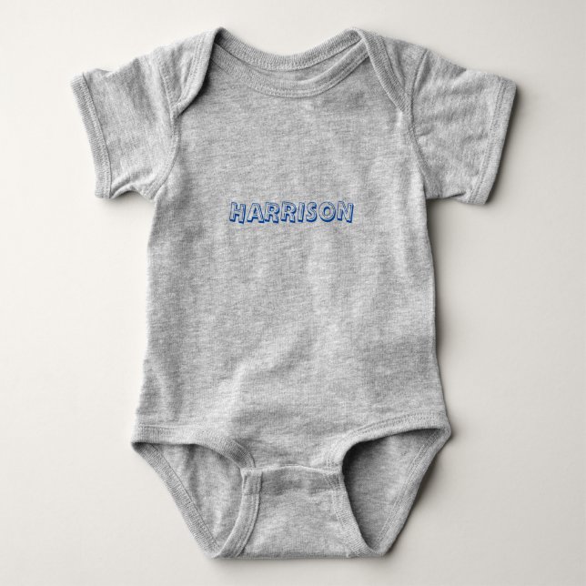 Customize name, text blue letters grey baby bodysuit (Front)