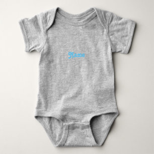 Customize name, text light blue letters grey baby bodysuit