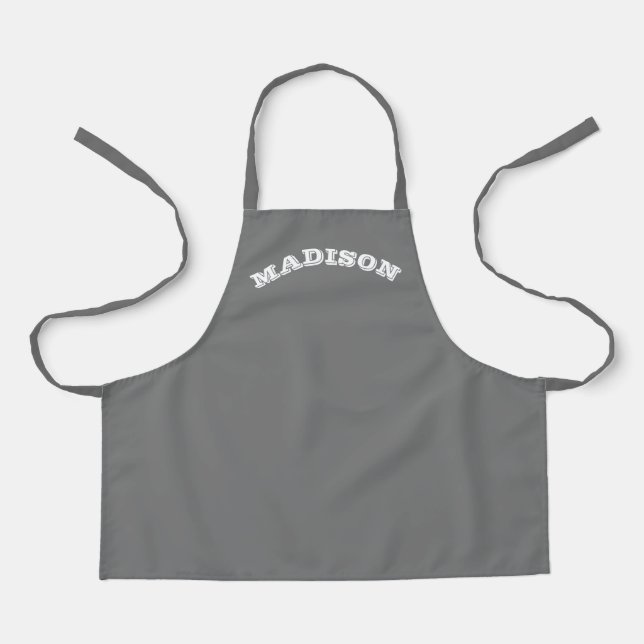 Customize name text white curved letters dark grey apron (Front)