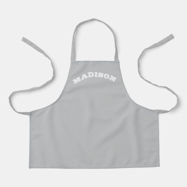 Customize name text white curved letters grey apron (Front)