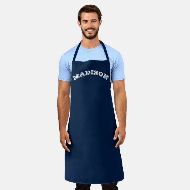 Customize name text white curved letters navy blue apron (Worn)