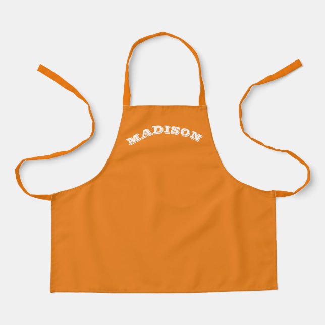Customize name, text white curved letters orange apron (Front)