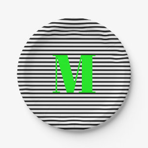 Customize neon green monogram black white stripes paper plate