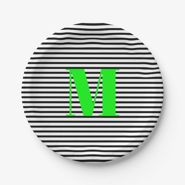 Customize neon green monogram black white stripes paper plate (Front)