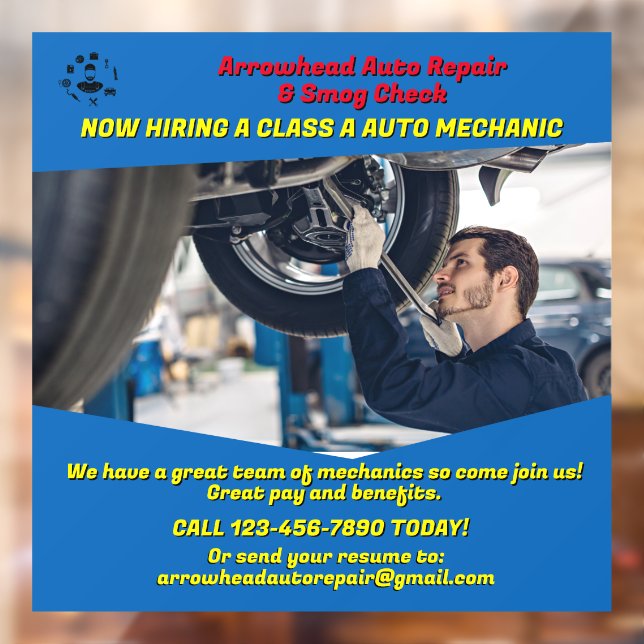 Customize Now Hiring An Auto Shop Mechanic  Window Cling (Sheet 2)