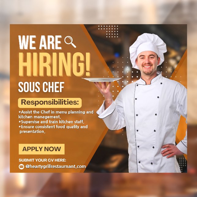 Customize Now Hiring Sous Chef Restaurant Window Cling (Sheet 2)