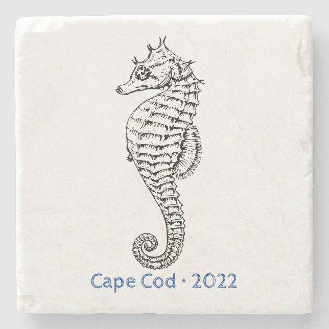 Customize Ocean Seahorse Line Art Stone Coaster (Front)