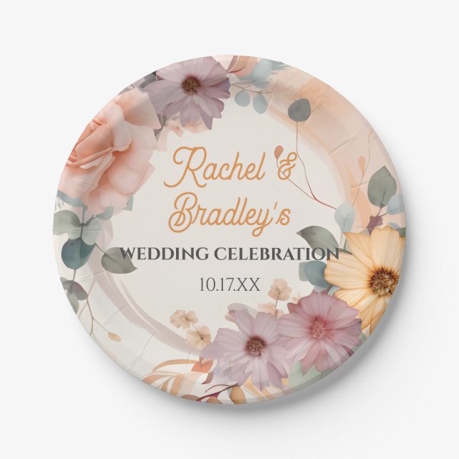 Customize Pastel Floral Wedding Cute Rose Greenery Paper Plate (Front)