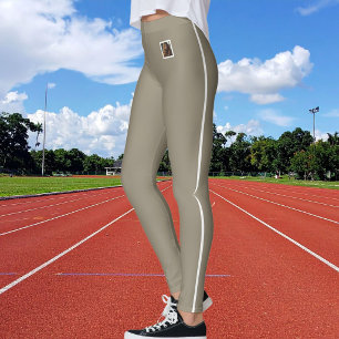 Customize Pet Photo Text White Stripe Earthy Taupe Leggings
