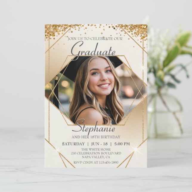Customize Photo Birthday Graduate Sparkling Frame Invitation (Standing Front)