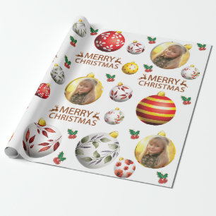 Customize Photo Christmas-Ball-Ornament Pattern  Wrapping Paper