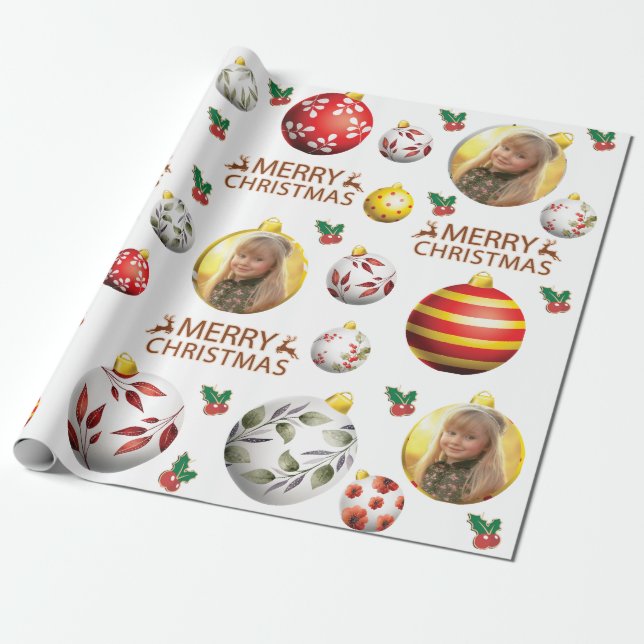 Customize Photo Christmas-Ball-Ornament Pattern  Wrapping Paper (Unrolled)