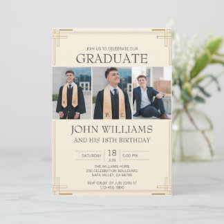 Customize Photo Graduation Birthday Gold Border Invitation