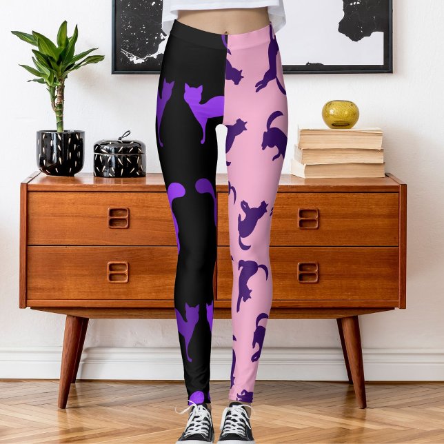 Customize Photo Pet Cat Pattern Purple Pink Black Leggings (Creator Uploaded)